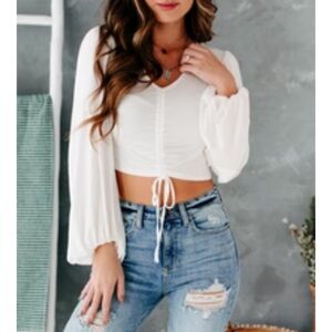 Dear Apple “Mischievous Mind” Ruched Front Long Sleeve Crop Top in White